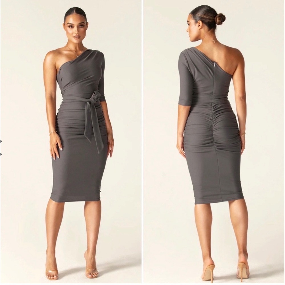 Alieva Womens One Shoulder Ruched Midi Dress Charcoal Gray Size L Bodycon